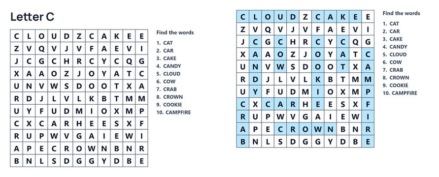 Word seek puzzle sheet, Word search puzzle solution with letter C