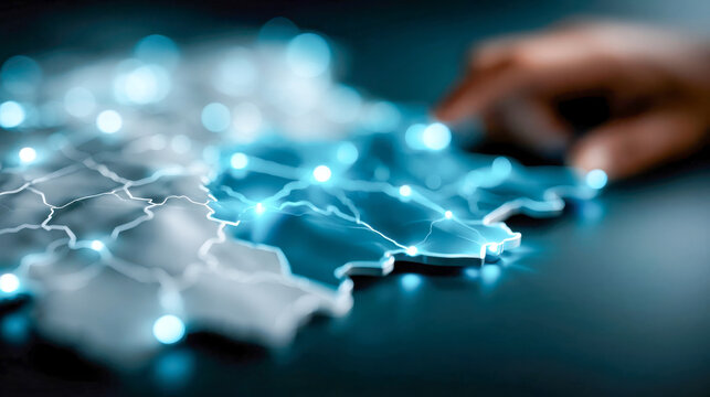 Glowing digital map with connected network nodes and blurred hand interaction