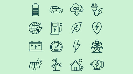 Fototapeta premium Sustainable Energy, Electric Vehicles, and Eco-Friendly Technology Icons