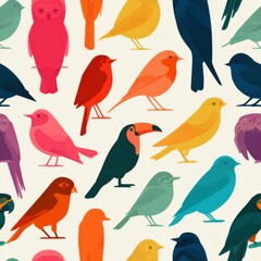 Obraz premium A pattern showcases various bird silhouettes including owls, robins, parrots, toucans, and swallows in bright colors against a white backdrop.
