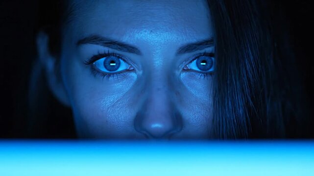 Close up portrait of a young woman eyes glowing with blue light while staring at a computer screen in the dark