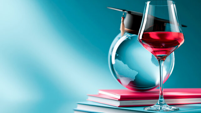 Graduation cap on globe with books, glasses, and wine glass, symbolizing global education, study abroad, and academic success