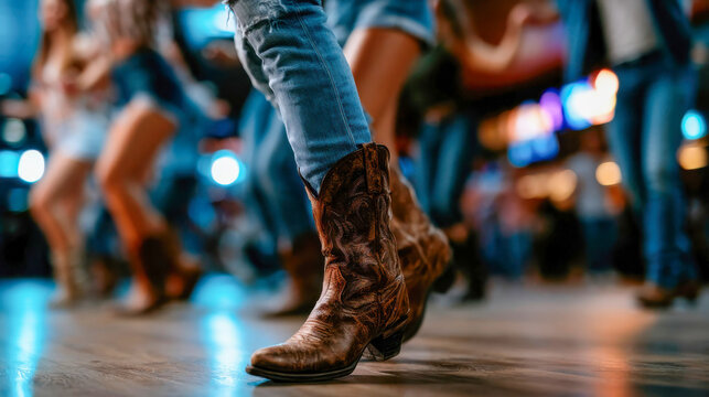 Close-up of cowboy boots during line dancing in a wooden-floored hall, lively country music and social dance scene