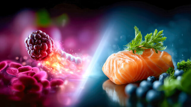 Gut microbiome concept comparing glowing bacteria with salmon, berries and greens for digestive health nutrition