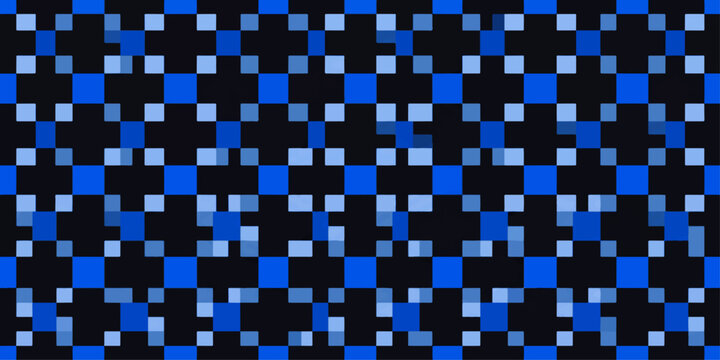 Retro 8-bit blue pixel square pattern background in dark digital style for gaming esports brand and technology presentation design