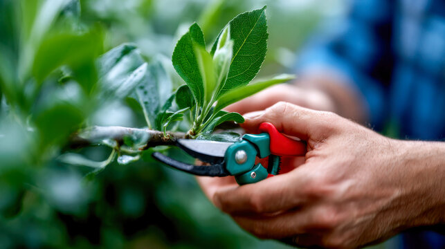 Gardener pruning green tree branch with hand pruners in close-up, garden maintenance and plant care concept