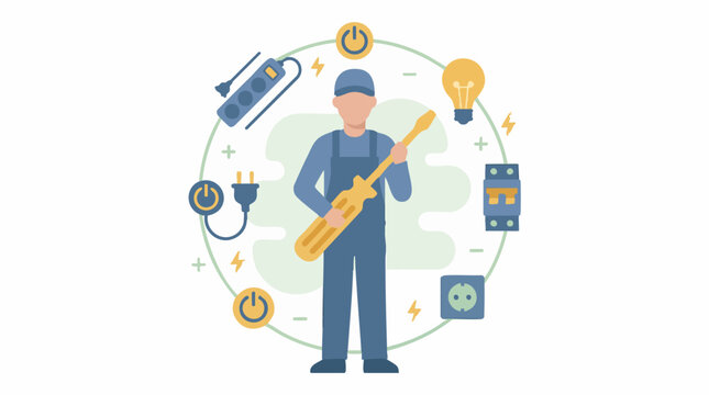 Electrician with tools and electrical equipment vector illustration