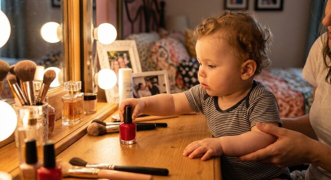 Curious toddler exploring makeup and red nail polish on vanity table with mother's brushes and perfume bottles.