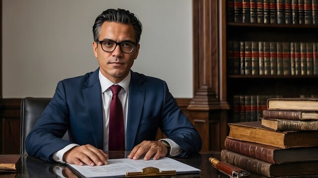 Confident Businessman in a Suit with Glasses Sitting at a Desk Surrounded by Law Books in an Office