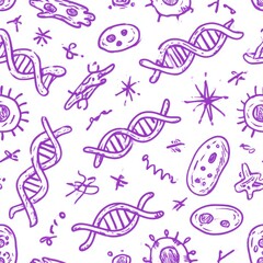 Fototapeta premium Pattern consists of hand-drawn dna strands and cell shapes sketched in purple ink on a plain white background for biology notes or lab themes.