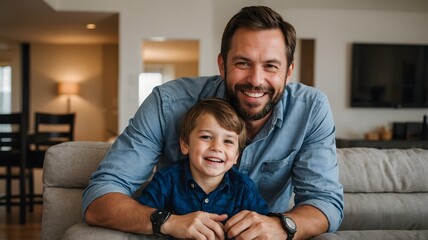 Fototapeta premium Father And Young Son Smiling Together On Couch In A Cozy Indoor Living Room