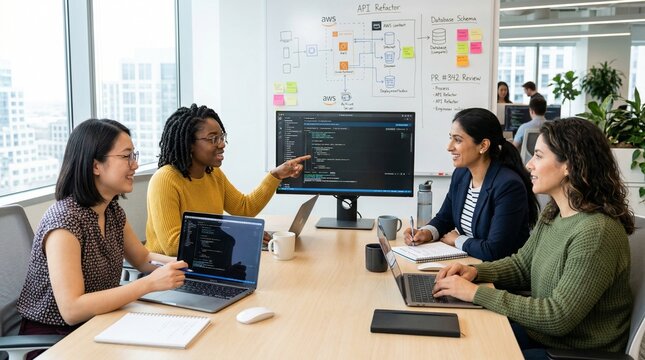 Diverse female engineering team collaborating on software code and cloud architecture diagrams in modern high-rise tech office space.