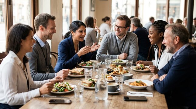 Diverse group of business colleagues laughing and sharing a meal together at a bright city restaurant table.