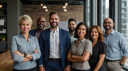 Fototapeta premium Diverse Group of Professionals Smiling Together in a Modern Office Space with Natural Light