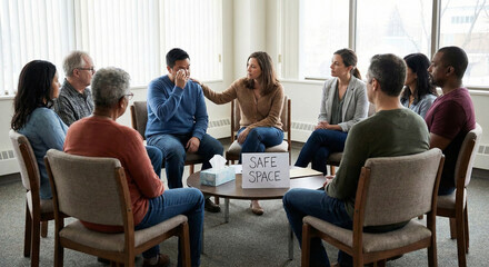 Obraz premium Diverse support group sitting in circle in safe space office sharing emotions and comforting crying man during therapy.