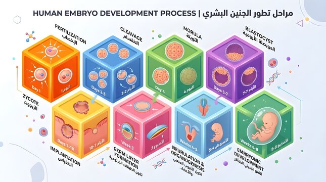 Human embryo development stages illustration fertilization to embryonic development