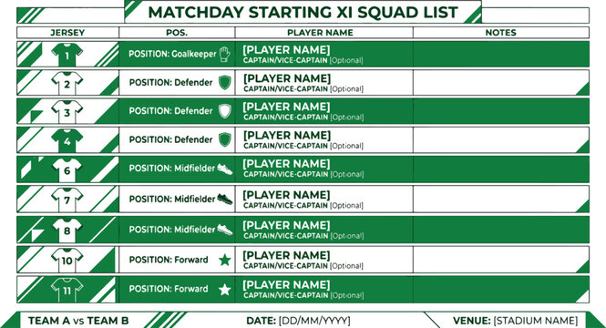 Matchday starting xi squad list player names positions numbers team a vs team b date.