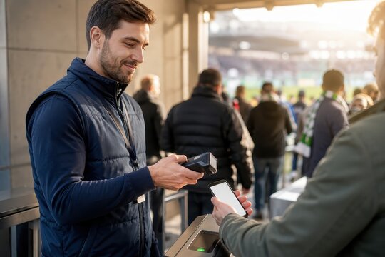 Soccer stadium security guard scanning digital ticket on smartphone of spectator. Electronic access control system at entrance gate. Modern event entry technology and fan crowd