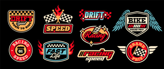 Naklejka na ściany i meble Racing-themed badges or sticker set with bold icons and text in retro emblem style on a black background, symbolizing speed, competition, and motorsport energy. Vector illustration