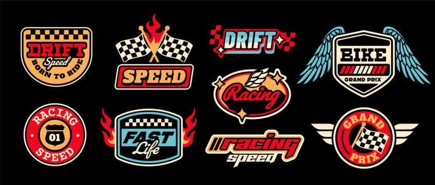 Racing-themed badges or sticker set with bold icons and text in retro emblem style on a black background, symbolizing speed, competition, and motorsport energy. Vector illustration