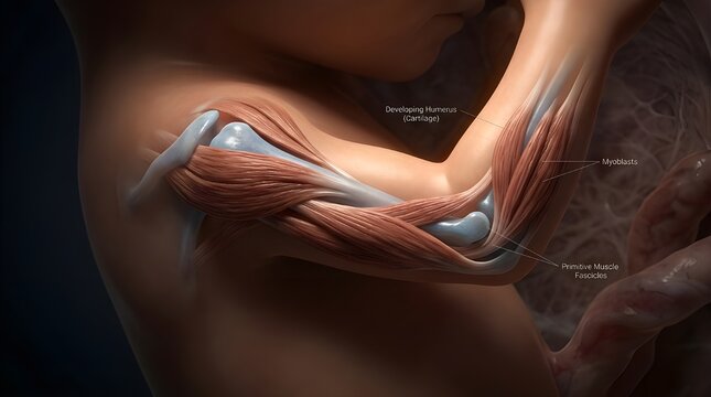 Fetal arm development illustration humerus myoblasts and muscle fascicles