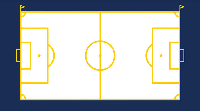 Minimalist football pitch layout with yellow lines and dark blue background.