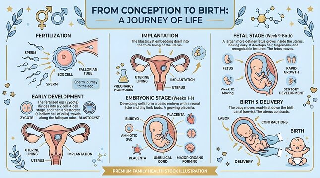 Human reproduction stages from fertilization to birth medical illustration