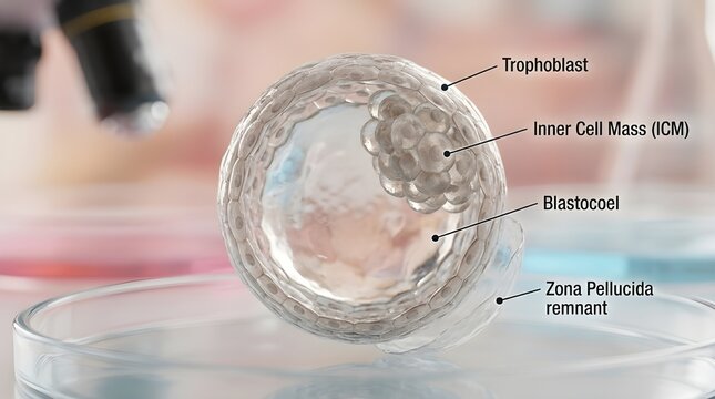 Human blastocyst illustration with labeled anatomy for scientific research