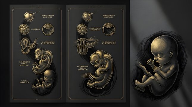 Human embryonic development illustration with golden statue of mother and child