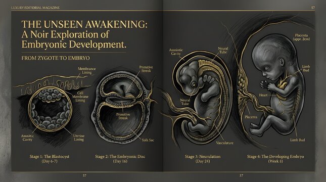 Embryonic development stages illustration zygote to fetus scientific artwork