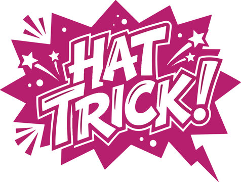 Explosive speech bubble in magenta with white text hat trick, isolated on transparent background.