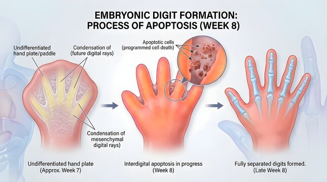 Embryonic digit formation apoptosis process during week 8 of development