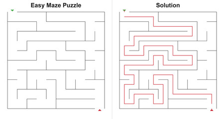 Basic square puzzle board with various entry options and marked track in linear drawing style, colorless and carmine hues, educational riddle page used for toddler development with copy space © Irina