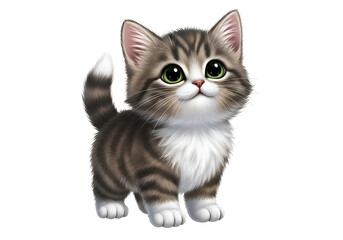 Fototapeta premium Cute Fluffy Tabby Kitten Standing and Looking Up on white background , Isolated on Transparent Background, PNG, Generative AI