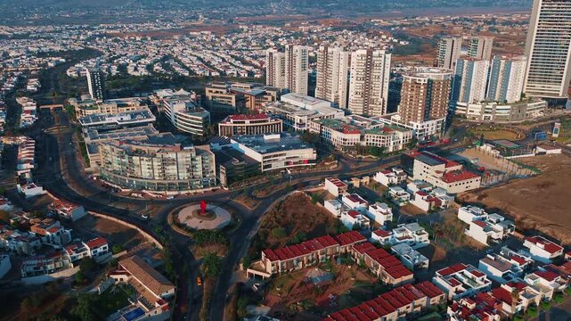 Sonata Commercial Zone with Modern Buildings and Angelopolis District Skyline at Sunrise Architecture Horizon Landscape View in Puebla Mexico