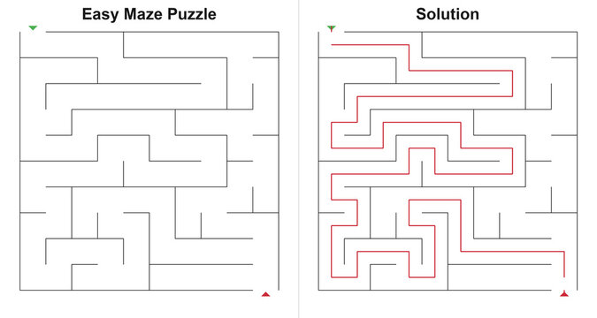 Basic square puzzle board with various entry options and marked track in linear drawing style, colorless and carmine hues, educational riddle page used for toddler development with copy space