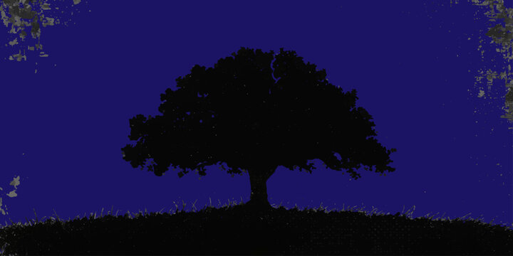Silhouette Tree Under the Moon in a Peaceful Night Landscape with Stars and Horizon Sky