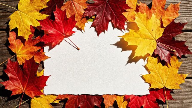 Colorful autumn maple leaves framing a blank white paper on a rustic wooden background for message copy space