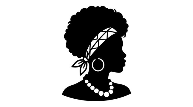 Minimalist black and white vector silhouette of a Black woman with a large afro hairstyle wearing a patterned headband and a classic beaded necklace