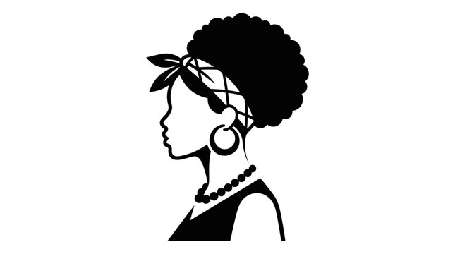 Black and white vector silhouette of a beautiful African American woman with an afro hairstyle wearing a patterned headband and a beaded necklace