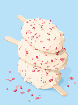Ilustraci&oacute;n de una piruleta de chocolate blanco con trozos de fresa, vector de fresa para publicidad, publicidad de piruletas de crema