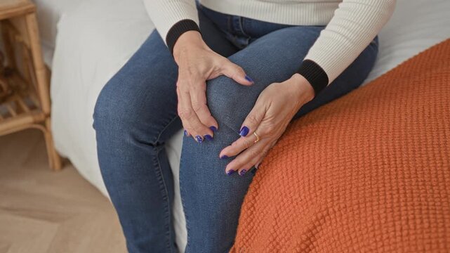 Woman middle age blonde sits on bed in bedroom, presses both hands to her right knee while wearing jeans and sweater, showing supportive touch and concern; knee pain discomfort.