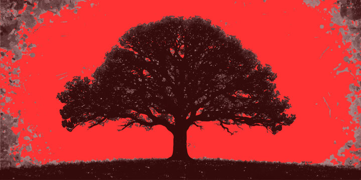 Abstract grunge background vector illustration with a single black winter tree silhouette and bare branches isolated on an autumn forest landscape
