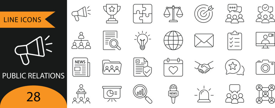 Public Relations, Press Release, Media Relations and Communications Line Icons
