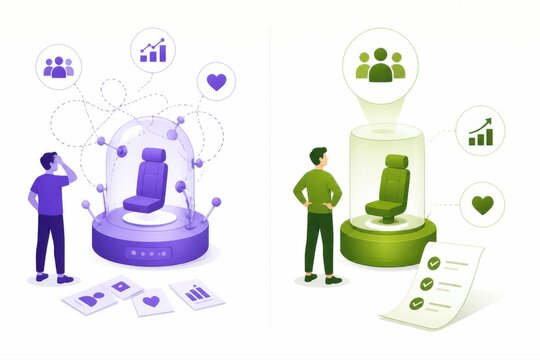 Copy space layout with isometric business concept illustrations of a person beside futuristic chair display and icons