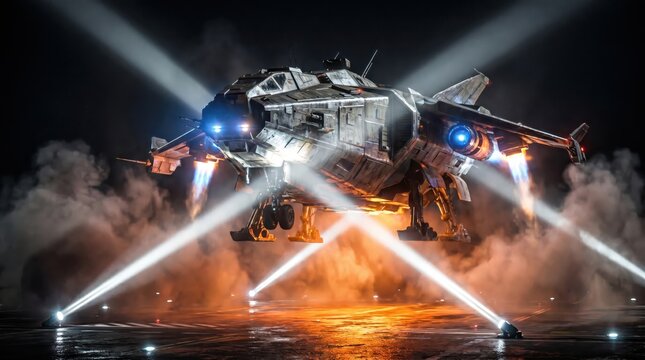 Modern spaceship landing on fiery alien planet surface
