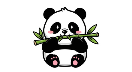 Cute cartoon panda bear eating green bamboo shoots in forest © Reynaldi