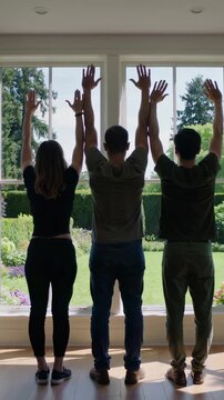 Vertical video: Starting clip, three adults extending arms upward by window facing garden at home
