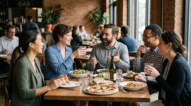 Group of happy diverse friends enjoying dinner and drinks at a modern urban restaurant with a cozy atmosphere.
