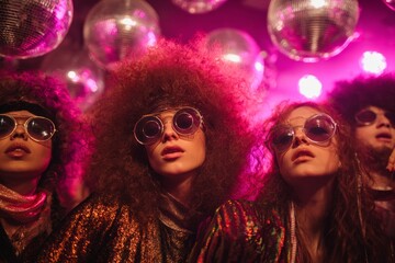 Obraz premium Group in 70s-80s retro fashion dancing at old-fashioned discotheque with big curly wigs, colorful outfits, vintage sunglasses, smiling under bright lights.